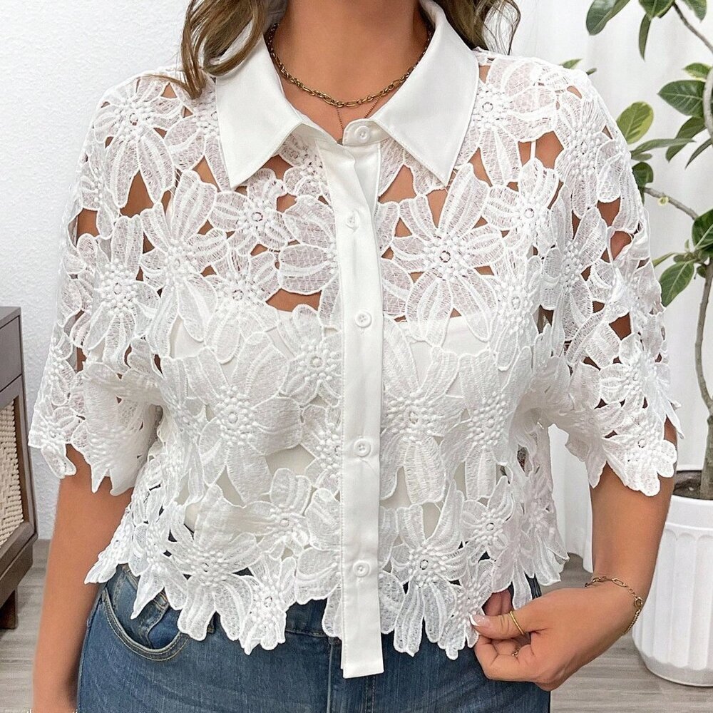 White Elegant Women's Plus Size Floral Lace Hollow Out Blouse